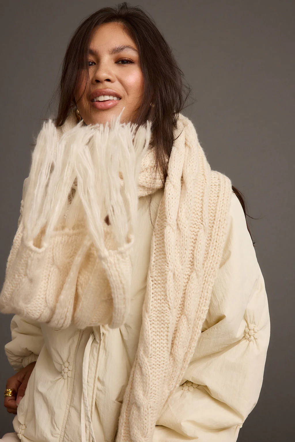Alaska Cream Cable Knit Long Scarf - Image 3