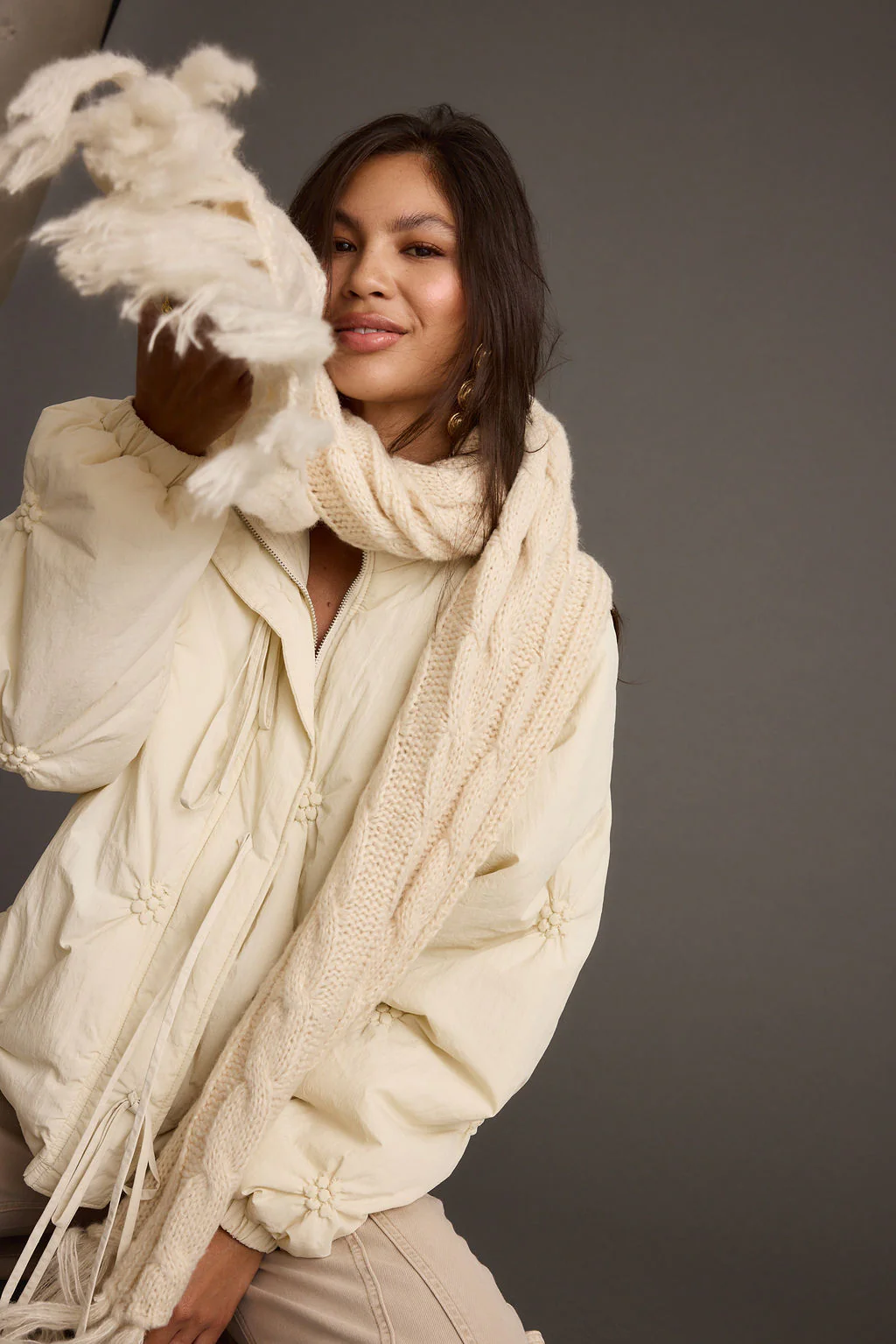 Alaska Cream Cable Knit Long Scarf - Image 4
