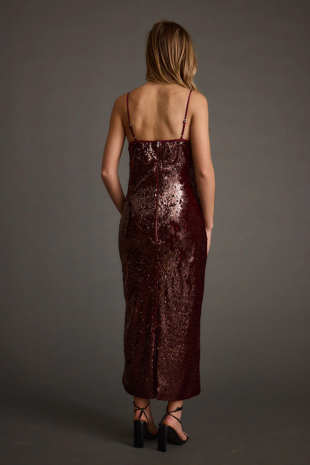All For You Merlot Sequin Rosette Midi Dress - Image 3