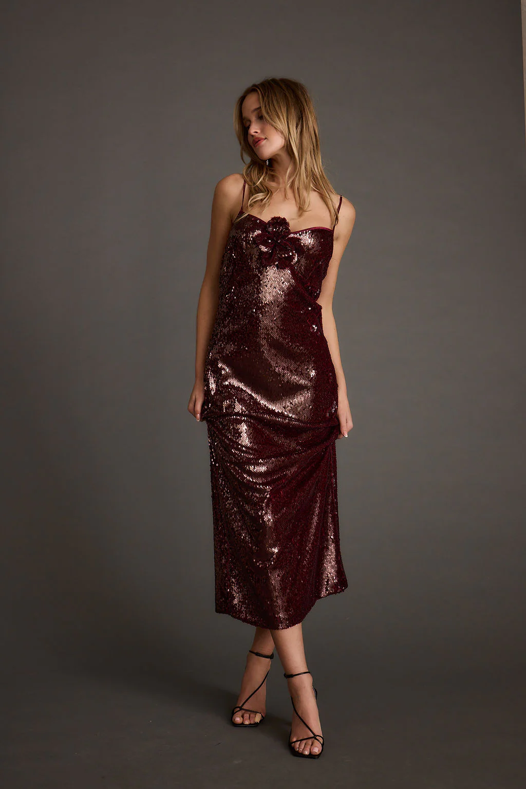 All For You Merlot Sequin Rosette Midi Dress - Image 4
