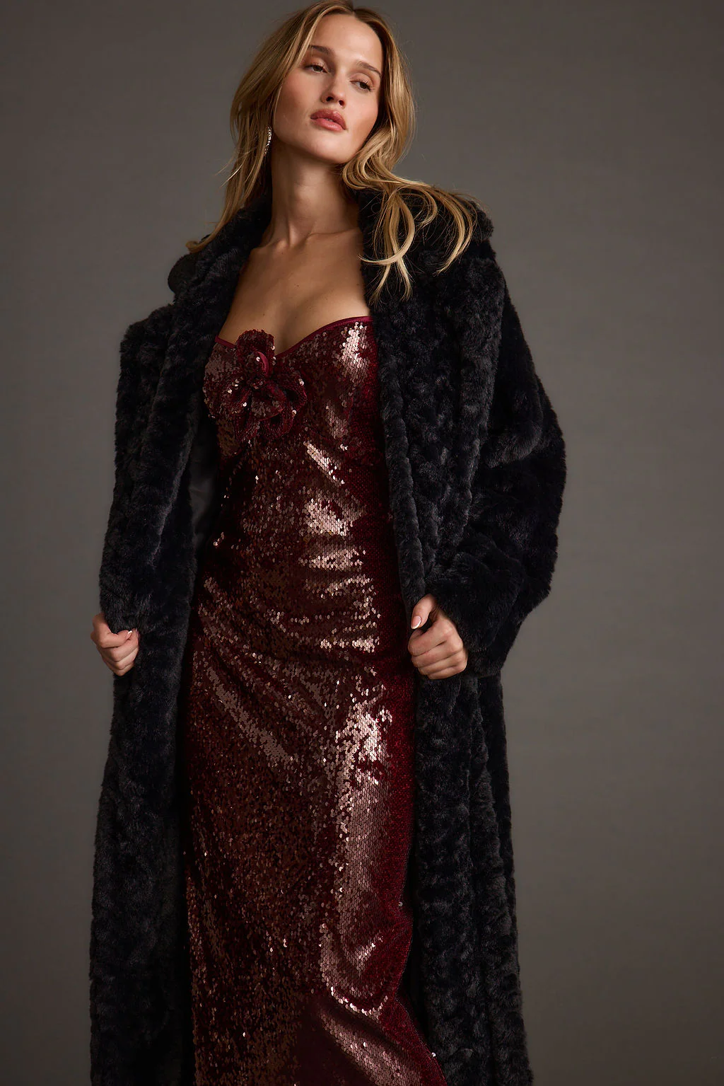 All For You Merlot Sequin Rosette Midi Dress - Image 5