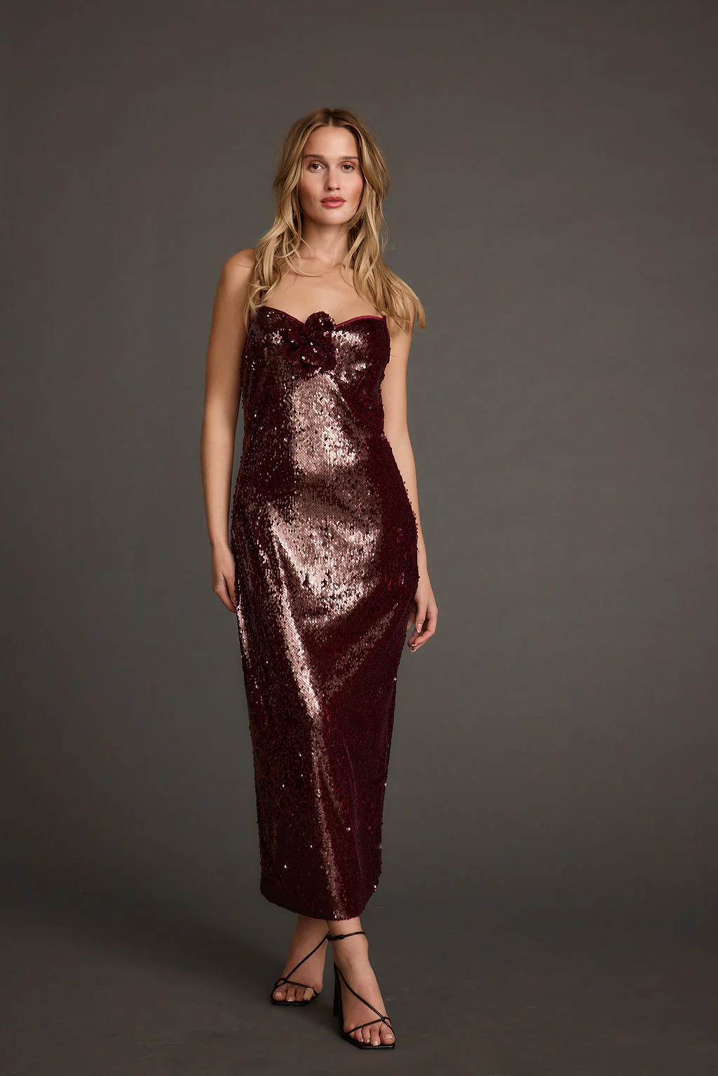 All For You Merlot Sequin Rosette Midi Dress - Image 6
