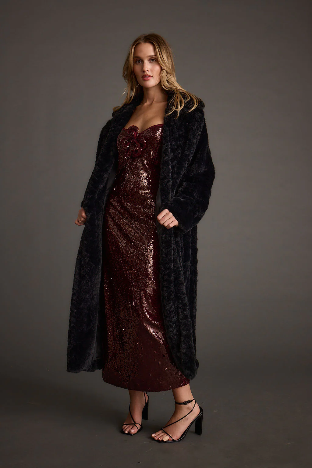 All For You Merlot Sequin Rosette Midi Dress - Image 8