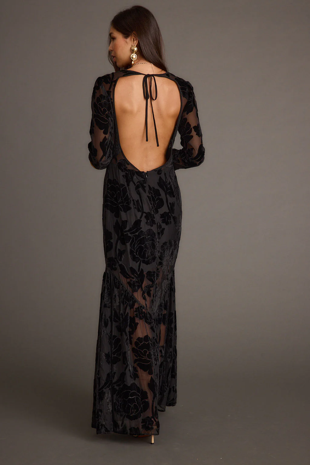 Angela Black Velvet Burnout Long Sleeve Maxi Dress - Image 5