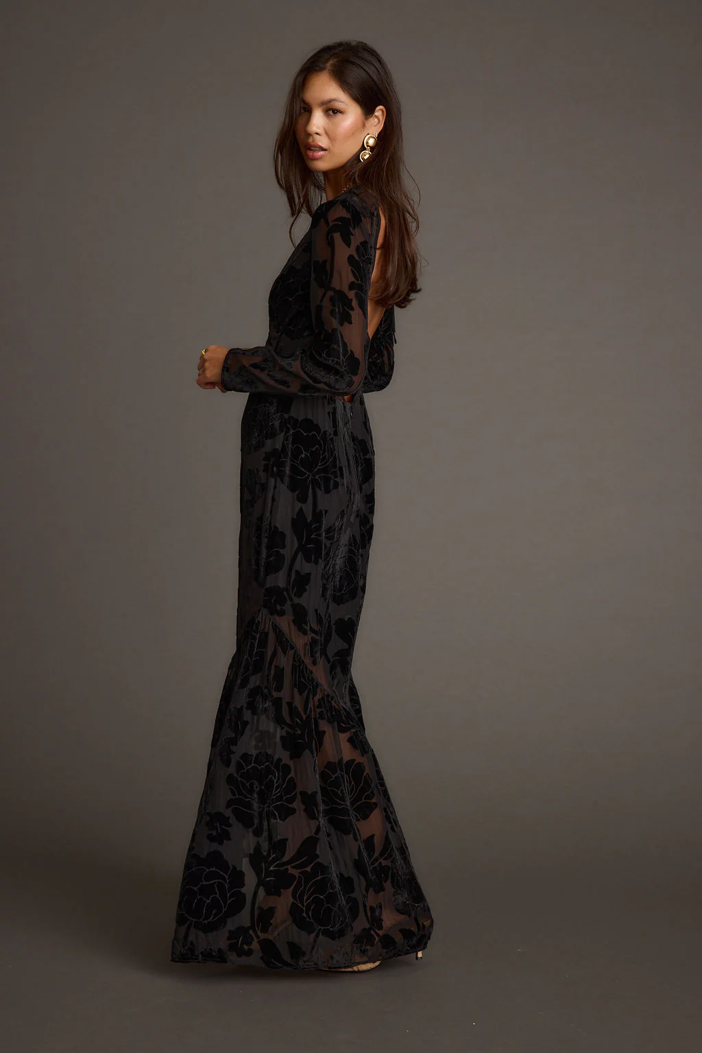 Angela Black Velvet Burnout Long Sleeve Maxi Dress - Image 6