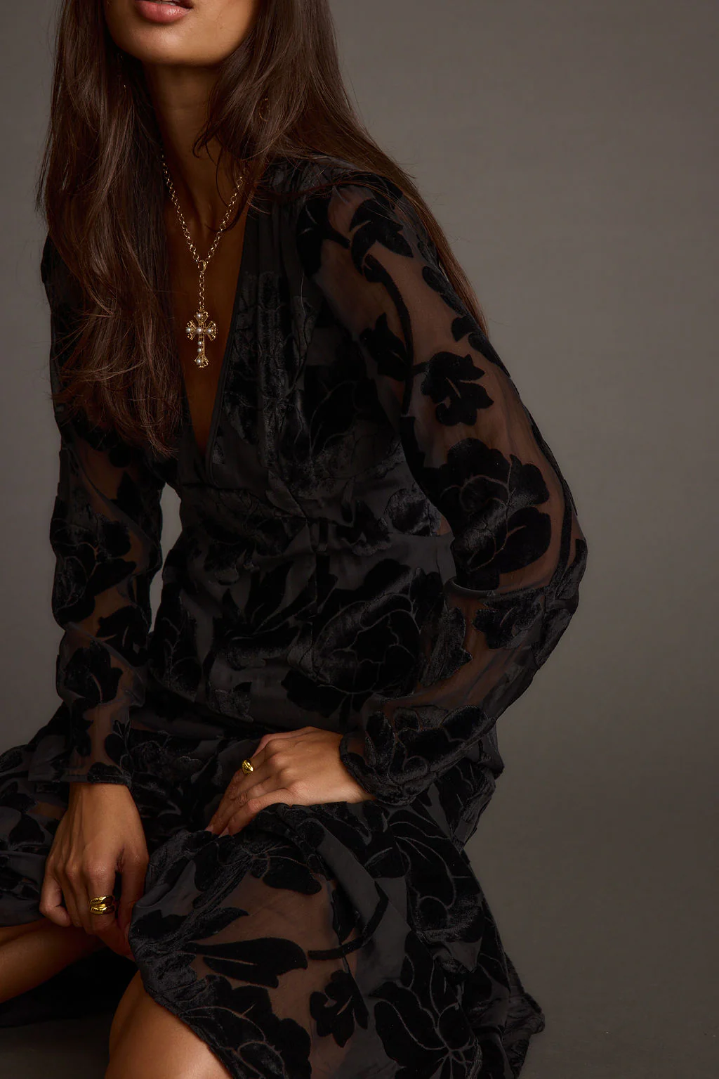 Angela Black Velvet Burnout Long Sleeve Maxi Dress - Image 8