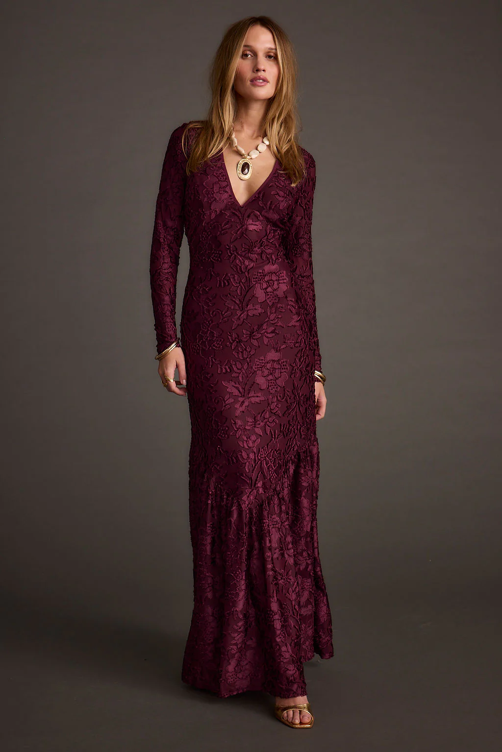 Angela Mulberry Velvet Burnout Long Sleeve Maxi Dress - Image 11