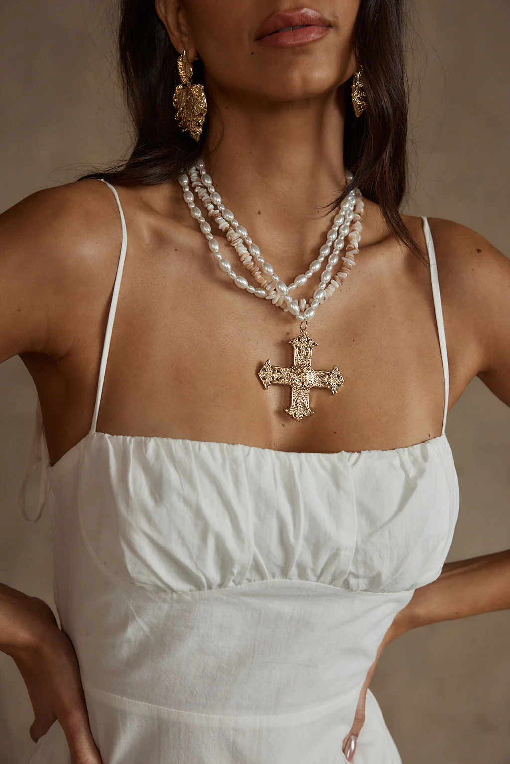 Angelica Gold Pearl Cross Statement Necklace - Image 3