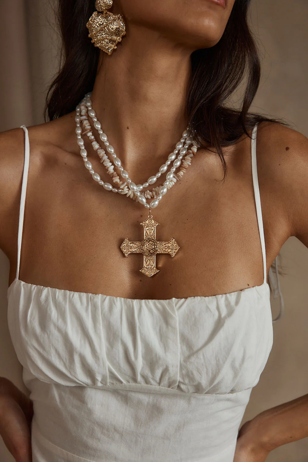 Angelica Gold Pearl Cross Statement Necklace - Image 5