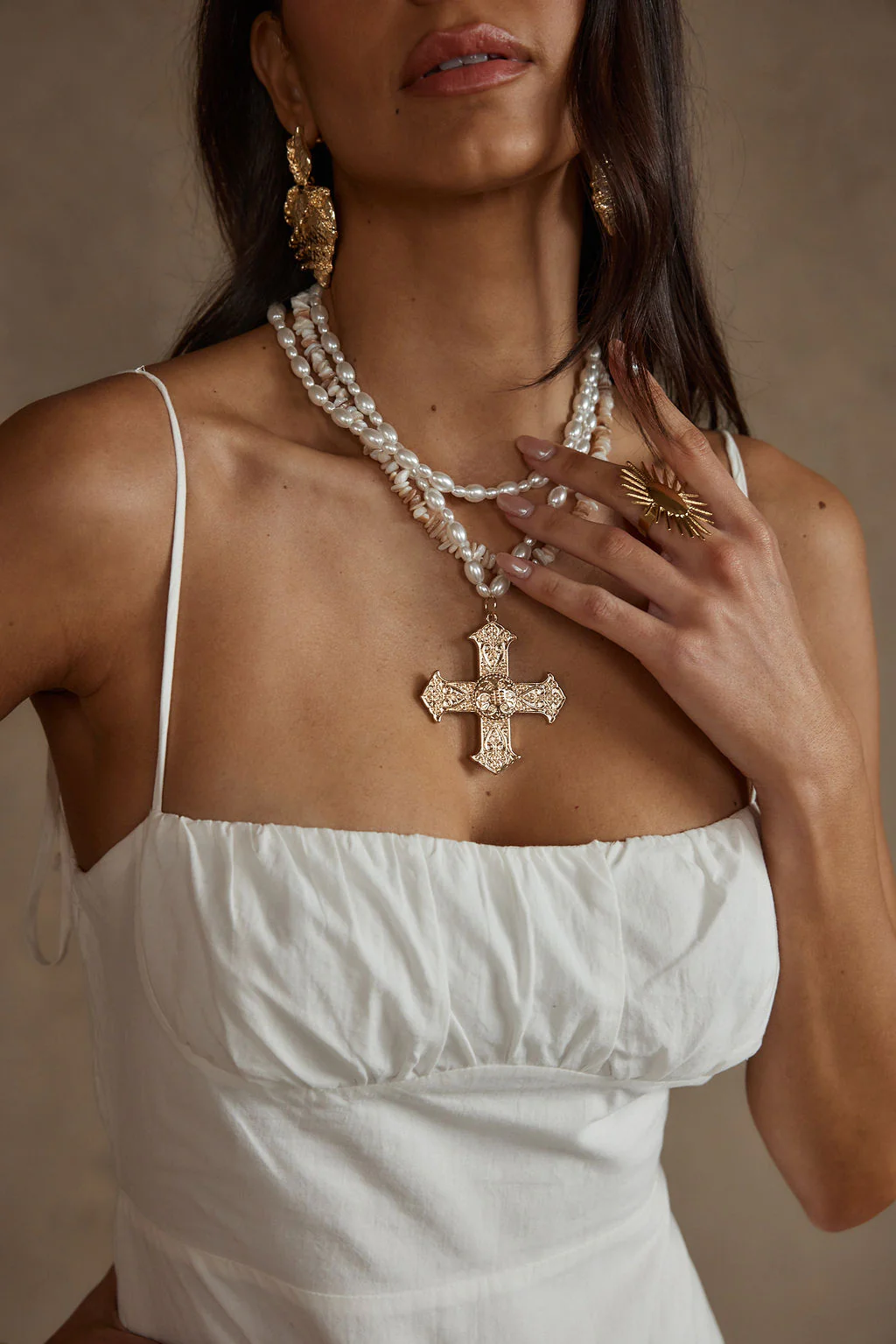 Angelica Gold Pearl Cross Statement Necklace - Image 6