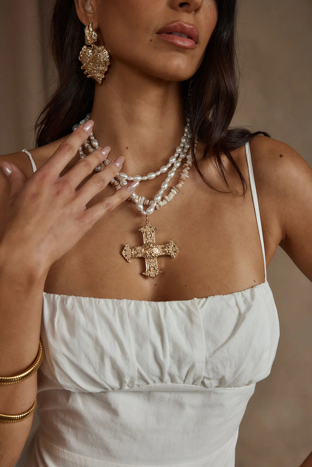 Angelica Gold Pearl Cross Statement Necklace - Image 7