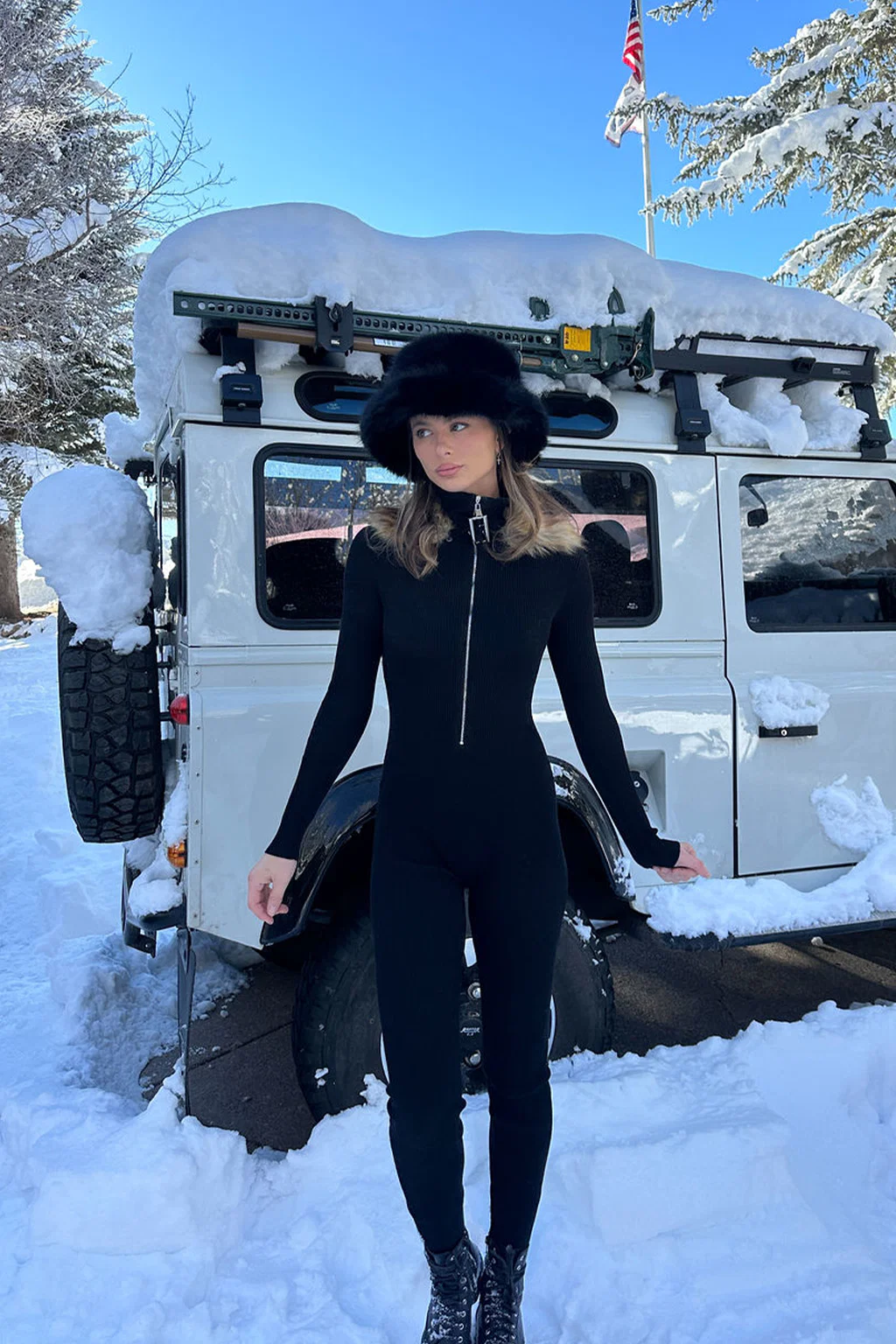 Apres Faux Fur Trimmed Black Ribbed Knit Jumpsuit - Image 3