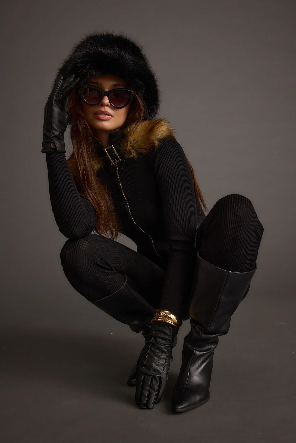 Apres Faux Fur Trimmed Black Ribbed Knit Jumpsuit - Image 7
