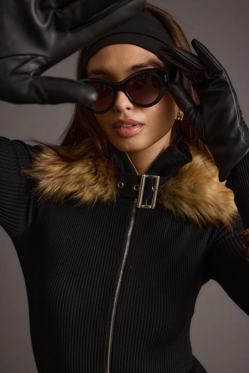 Apres Faux Fur Trimmed Black Ribbed Knit Jumpsuit - Image 9