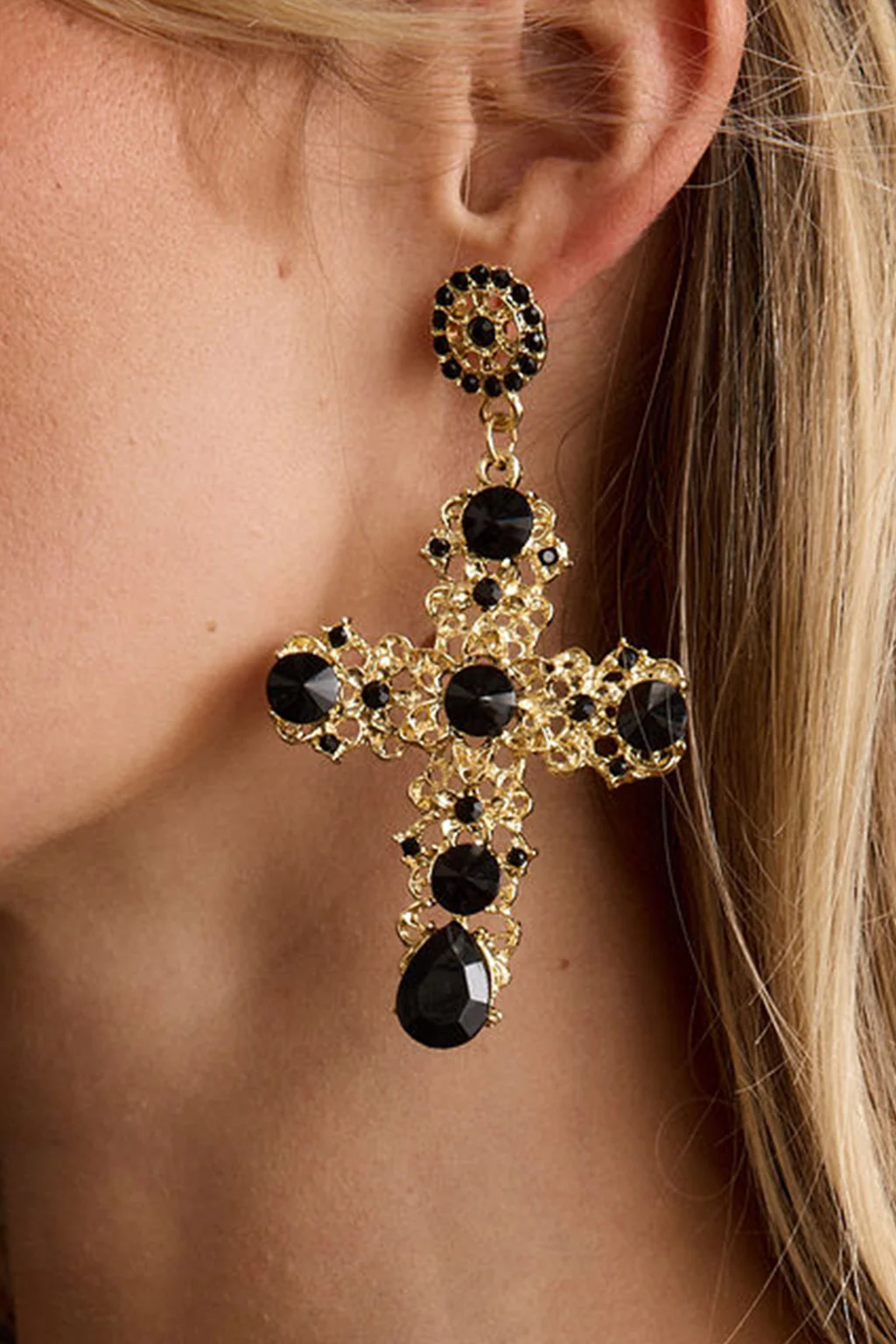 Arabella Gold and Black Statement Cross Earrings - Image 2