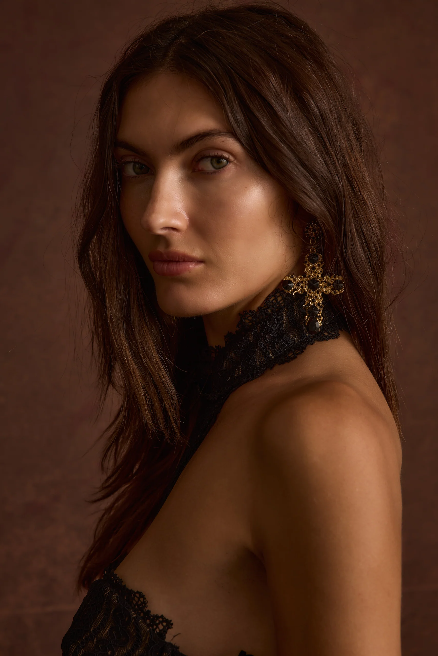 Arabella Gold and Black Statement Cross Earrings - Image 3
