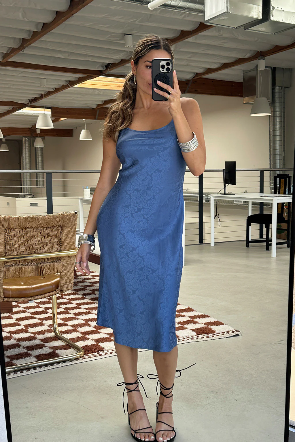 Aubrey Blue Satin Jacquard Midi Dress - Image 3