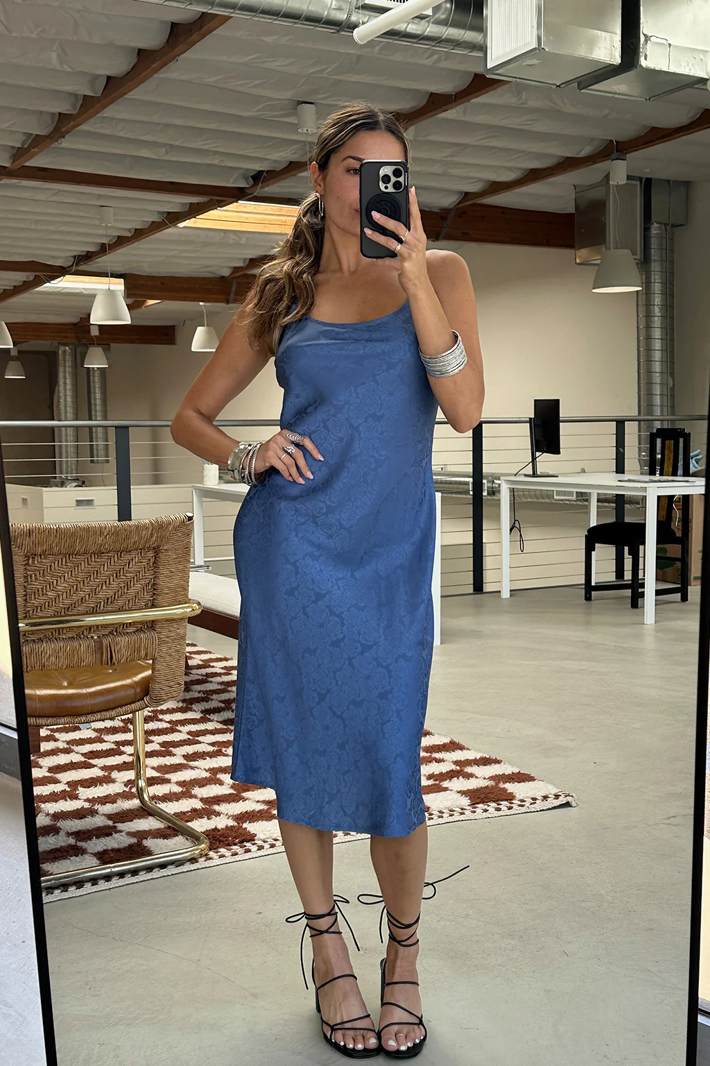 Aubrey Blue Satin Jacquard Midi Dress - Image 4