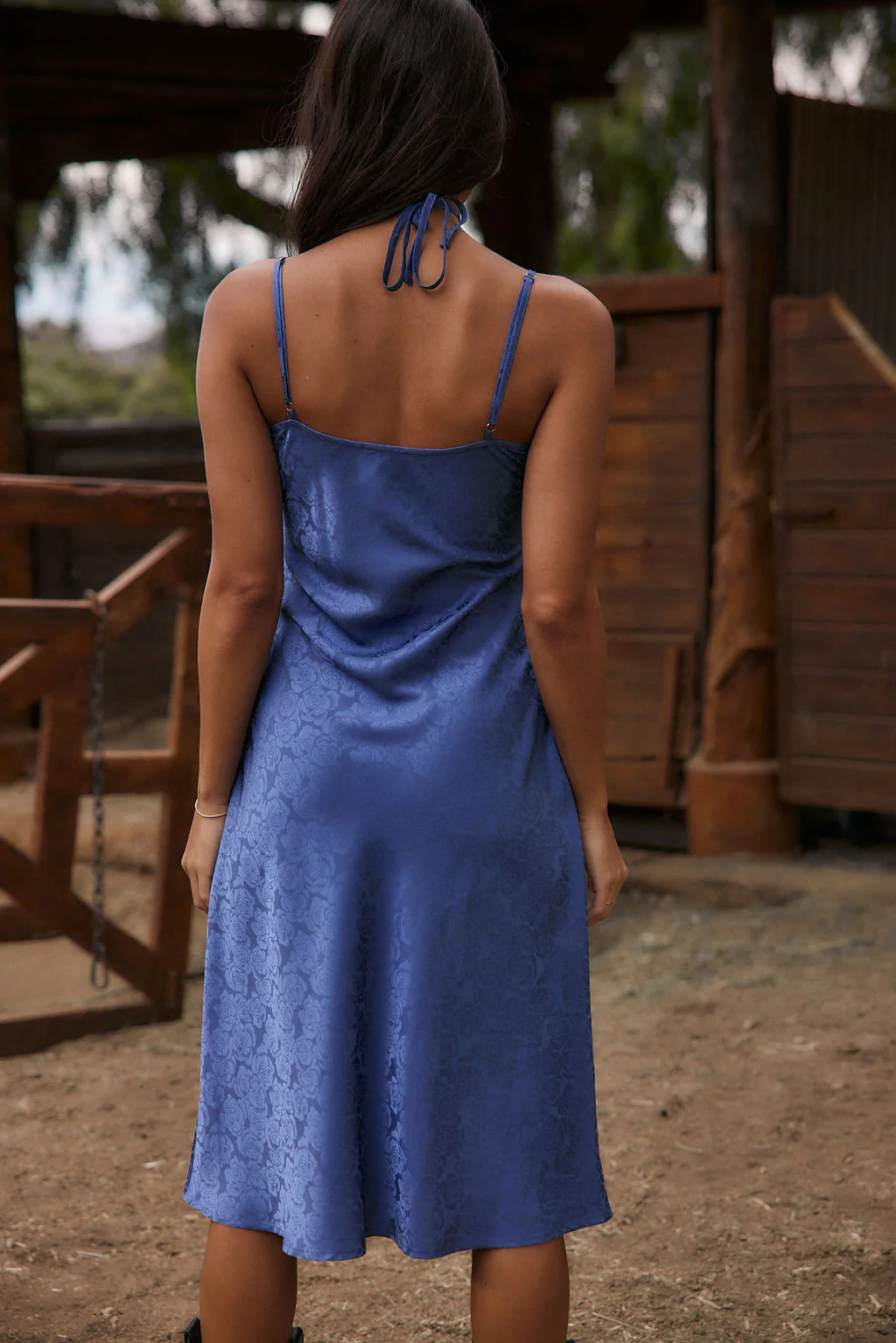 Aubrey Blue Satin Jacquard Midi Dress - Image 7