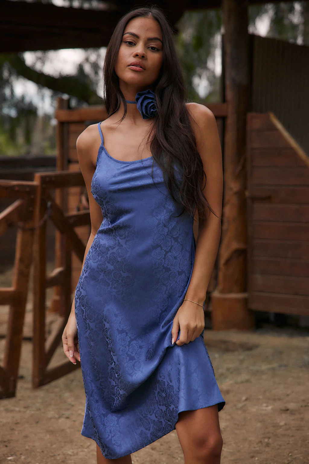 Aubrey Blue Satin Jacquard Midi Dress - Image 9
