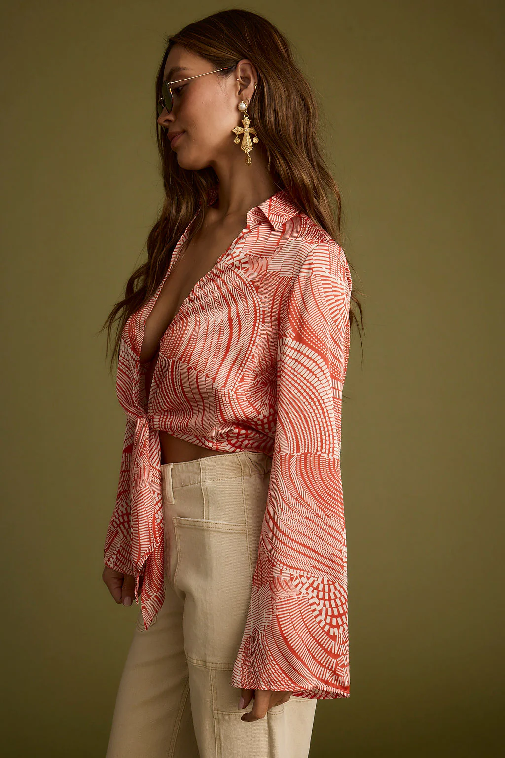 Augusta Tropical Rust Long Sleeve Tie Top - Image 3