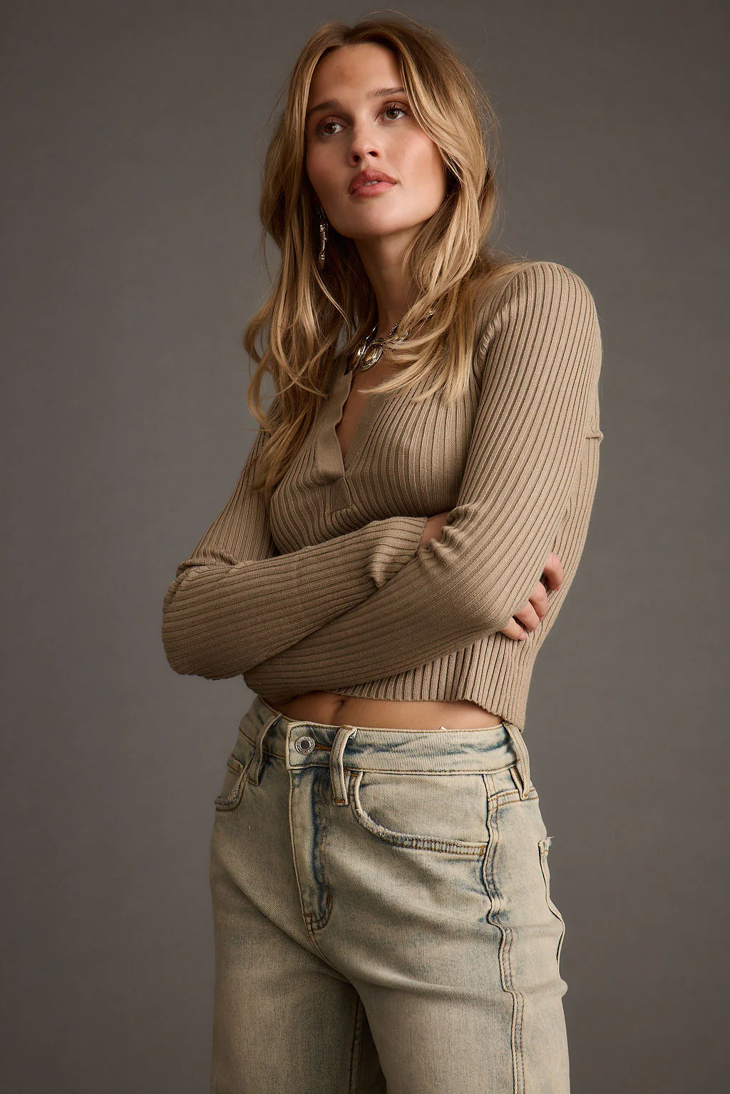 Aurora Taupe Long Sleeve Ribbed Knit Top - Image 5