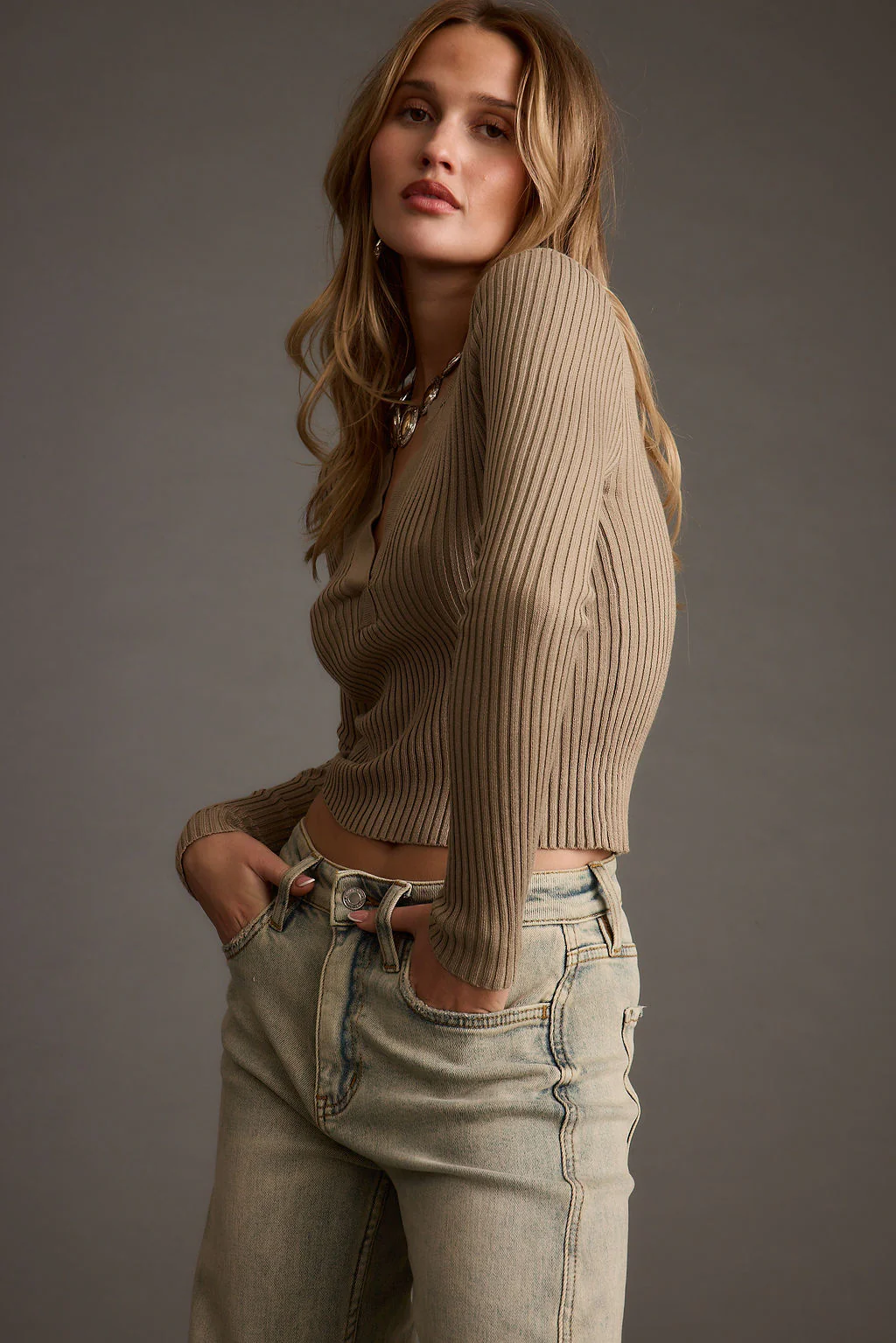 Aurora Taupe Long Sleeve Ribbed Knit Top - Image 7