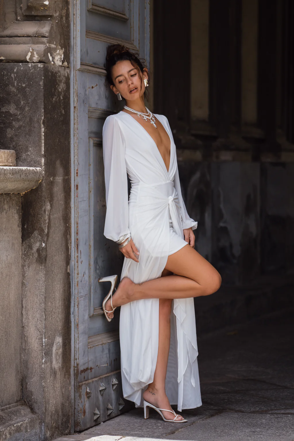 Bella White Mesh Plunge Maxi Dress - Image 2