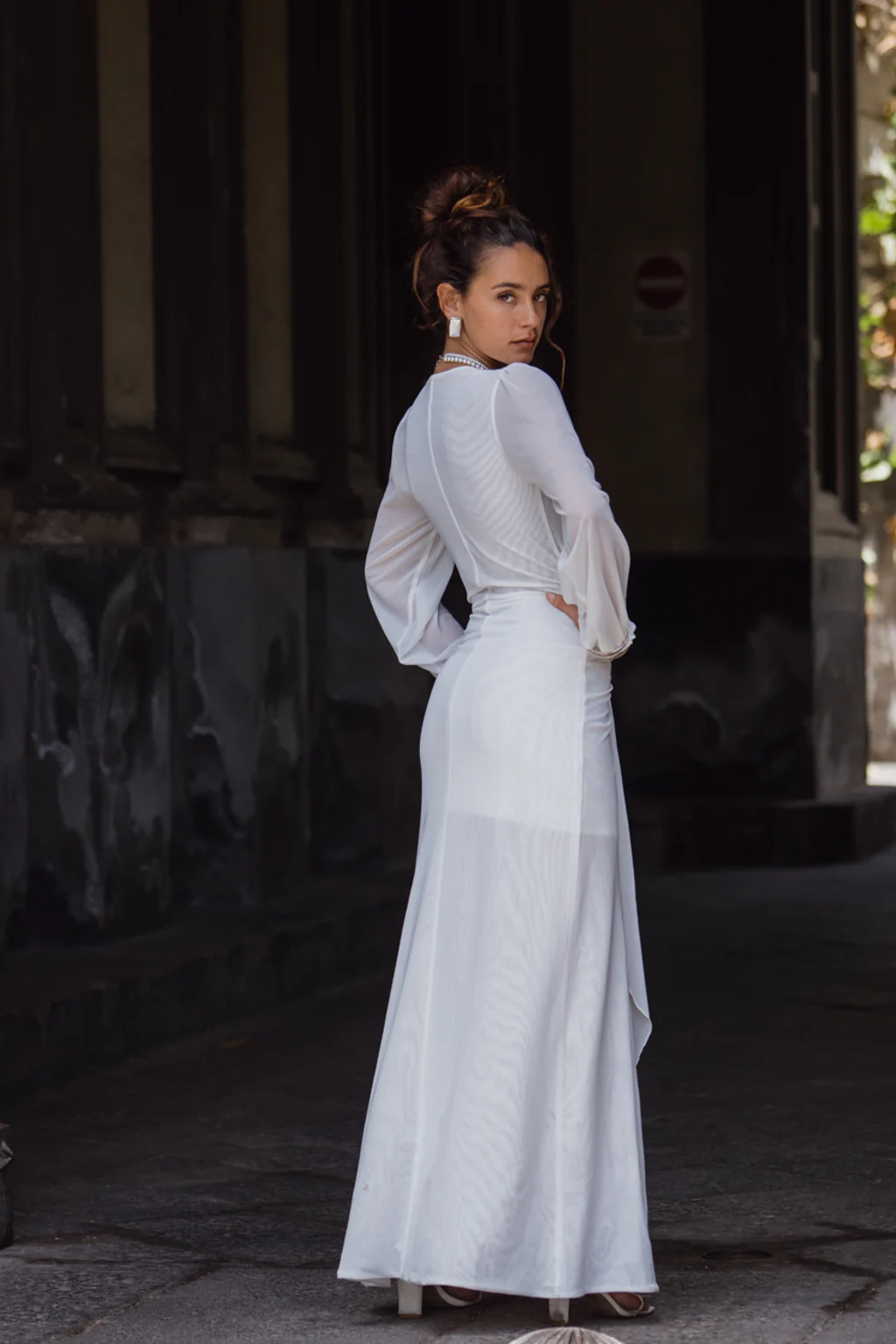 Bella White Mesh Plunge Maxi Dress - Image 3