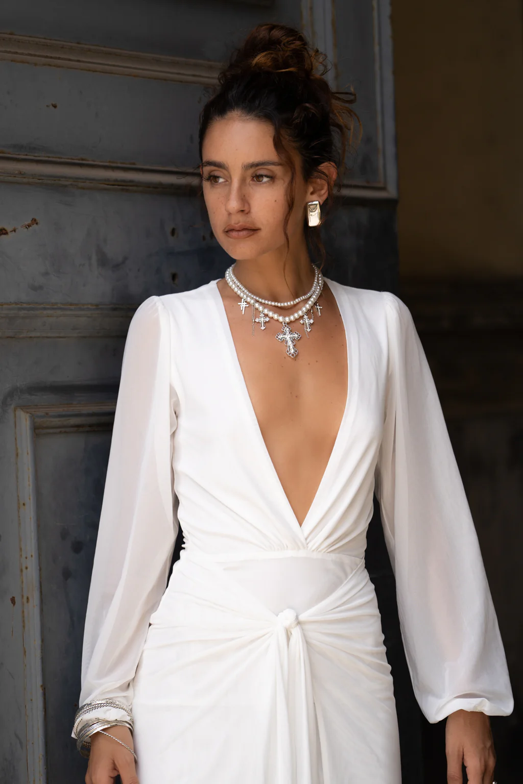 Bella White Mesh Plunge Maxi Dress - Image 4