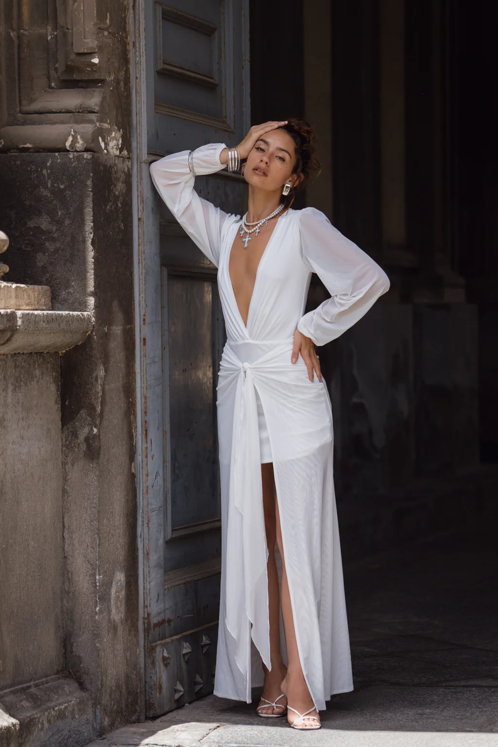 Bella White Mesh Plunge Maxi Dress - Image 5