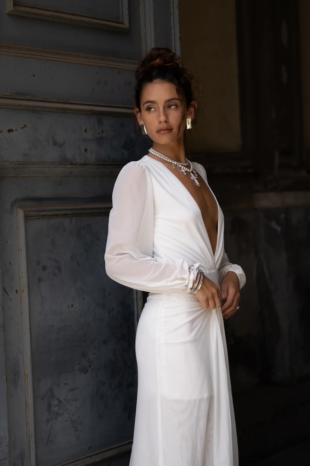Bella White Mesh Plunge Maxi Dress - Image 7