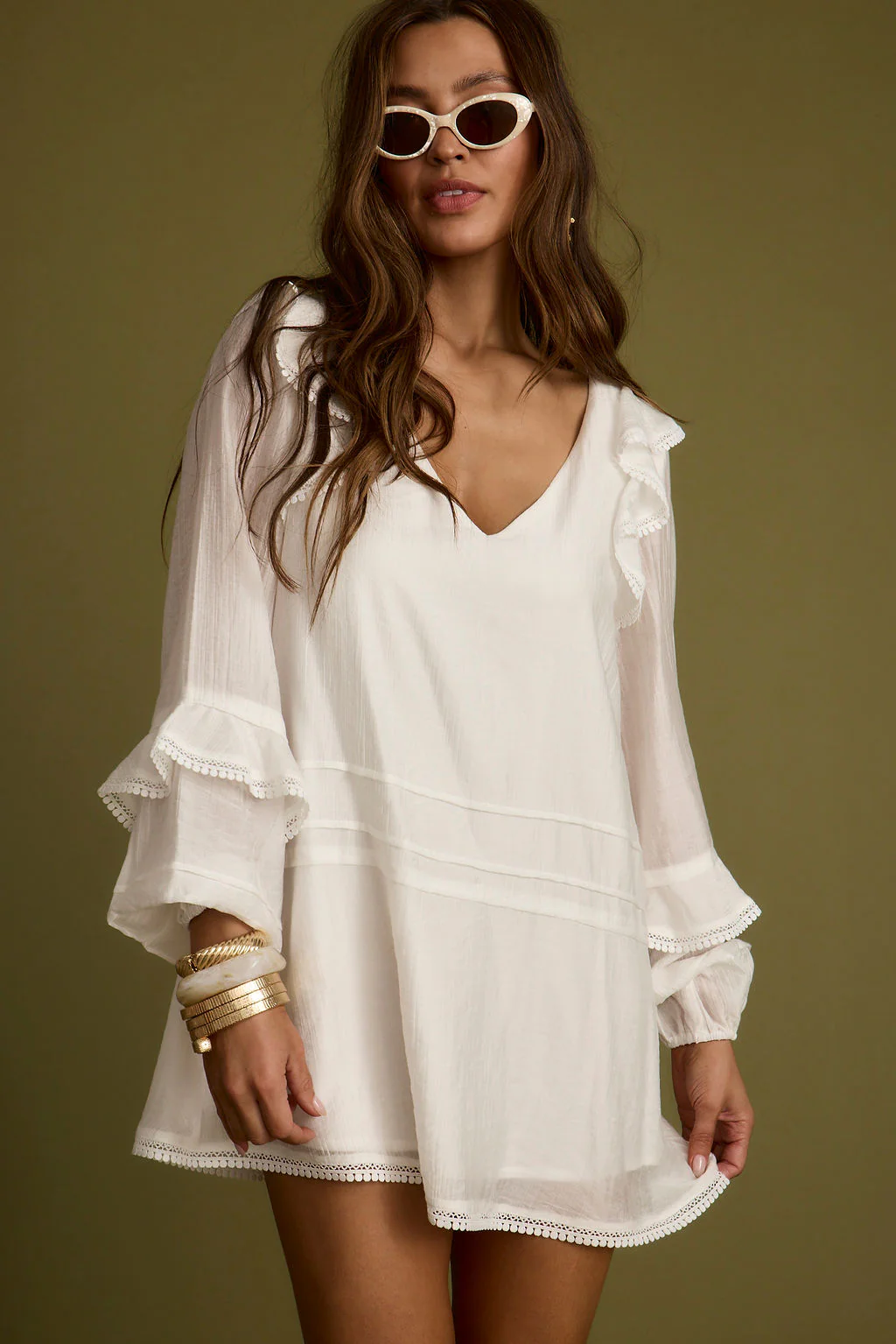 Bound White Long Sleeve Micro Tunic Dress - Image 2