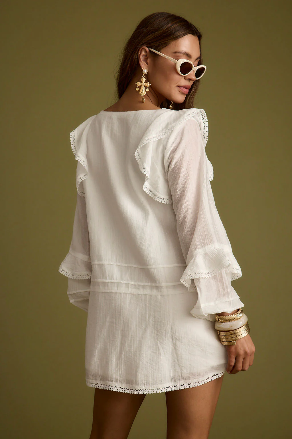 Bound White Long Sleeve Micro Tunic Dress - Image 3