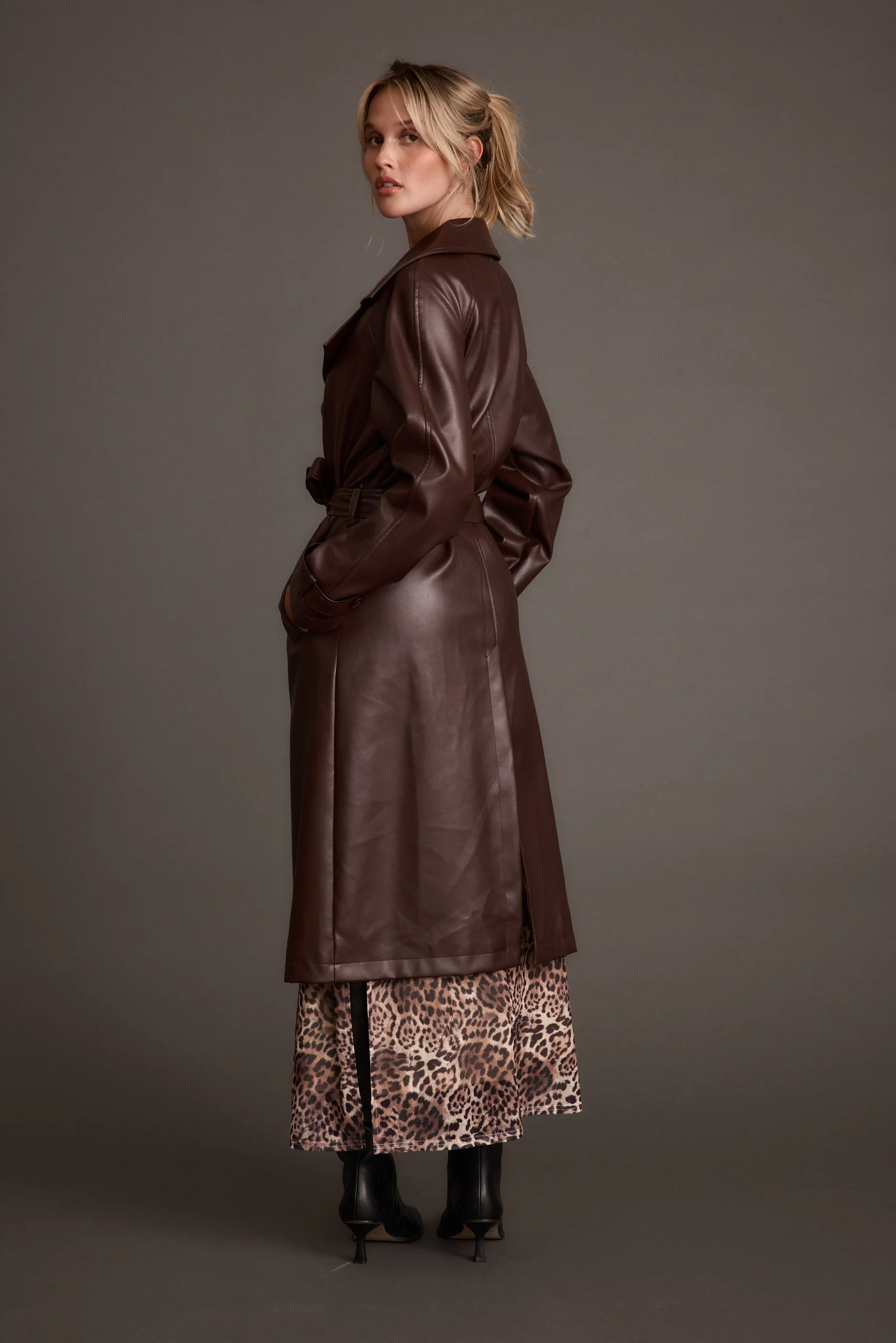 Brynne Faux Leather Mahogany Brown Trench - Image 2