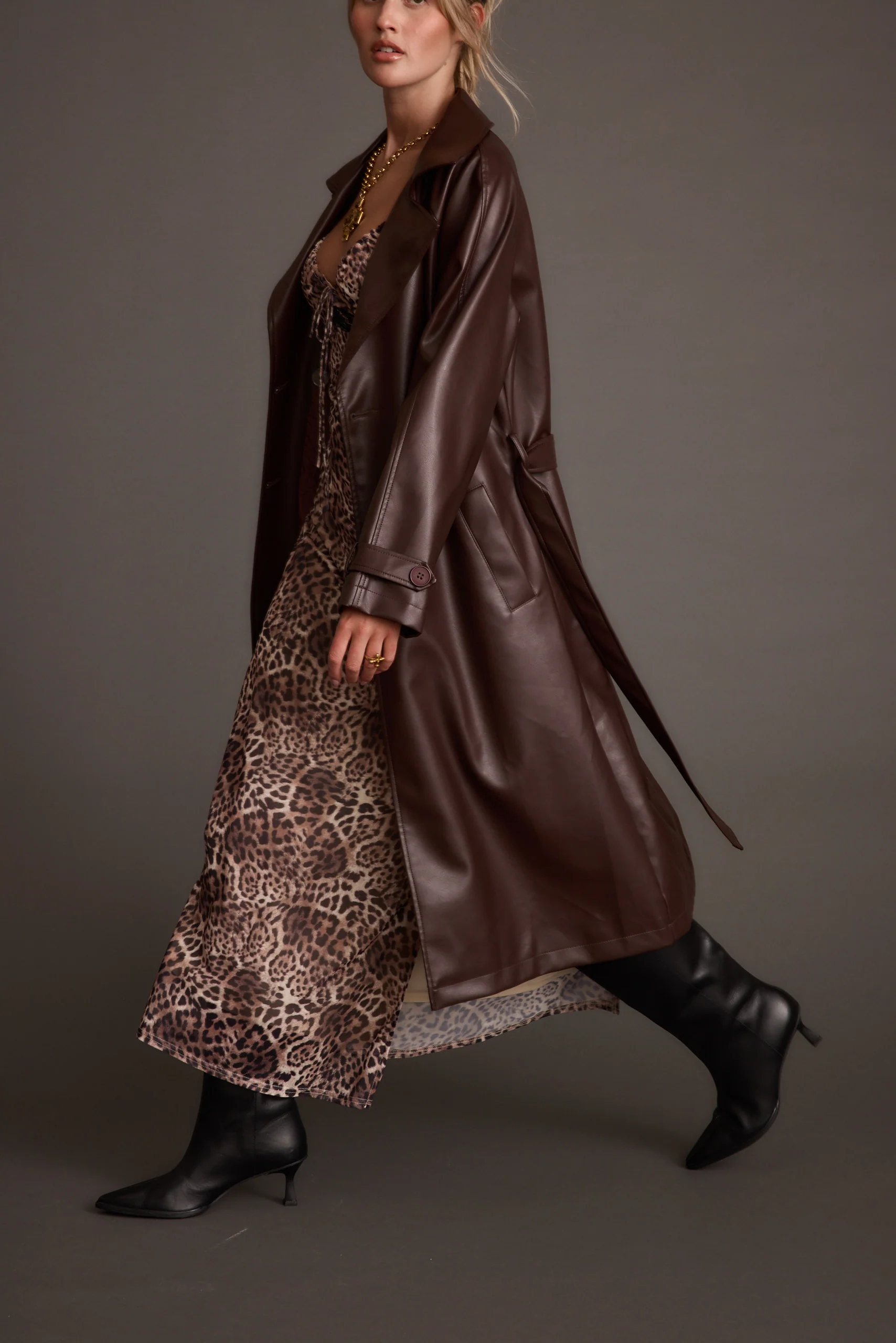 Brynne Faux Leather Mahogany Brown Trench - Image 4