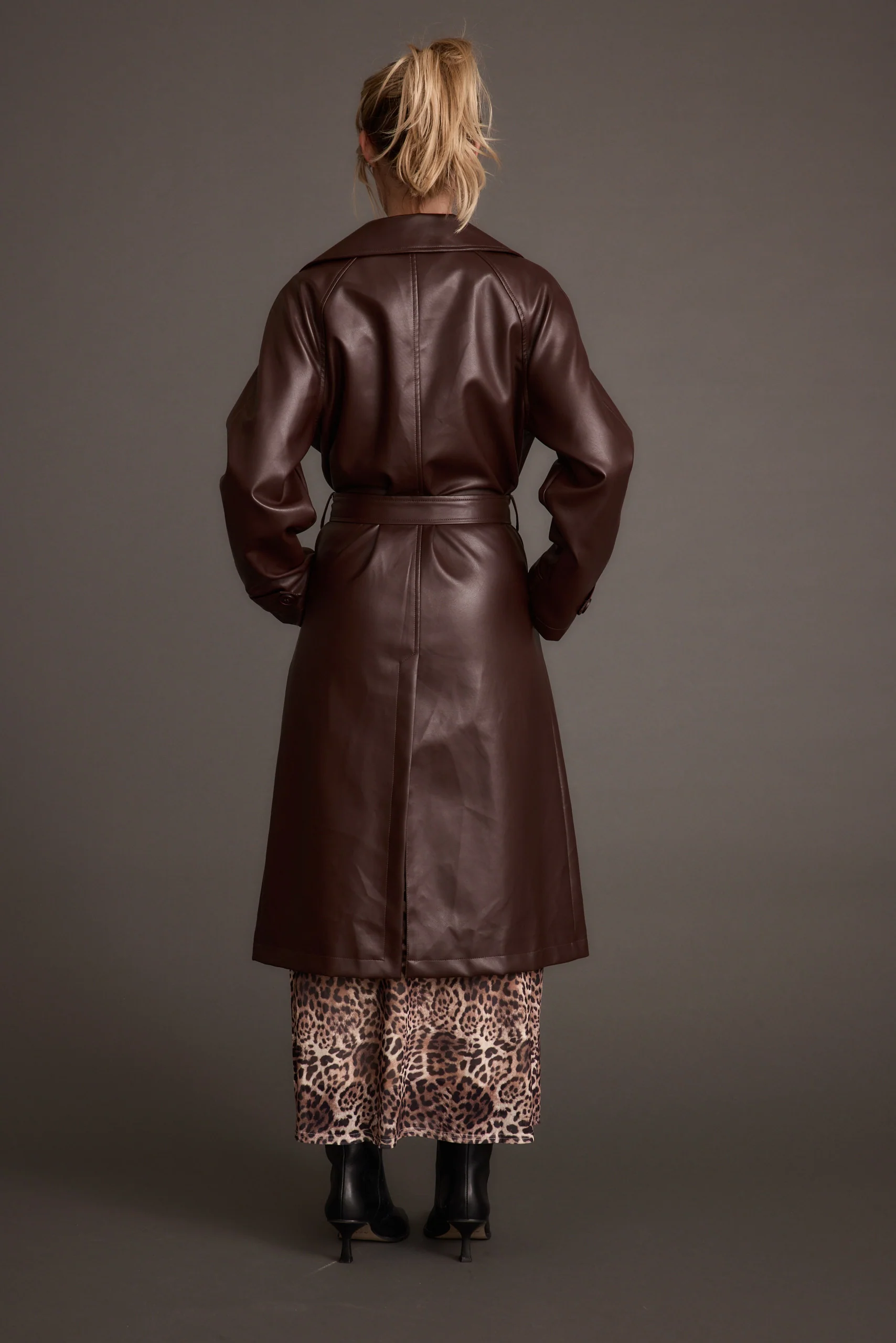 Brynne Faux Leather Mahogany Brown Trench - Image 5