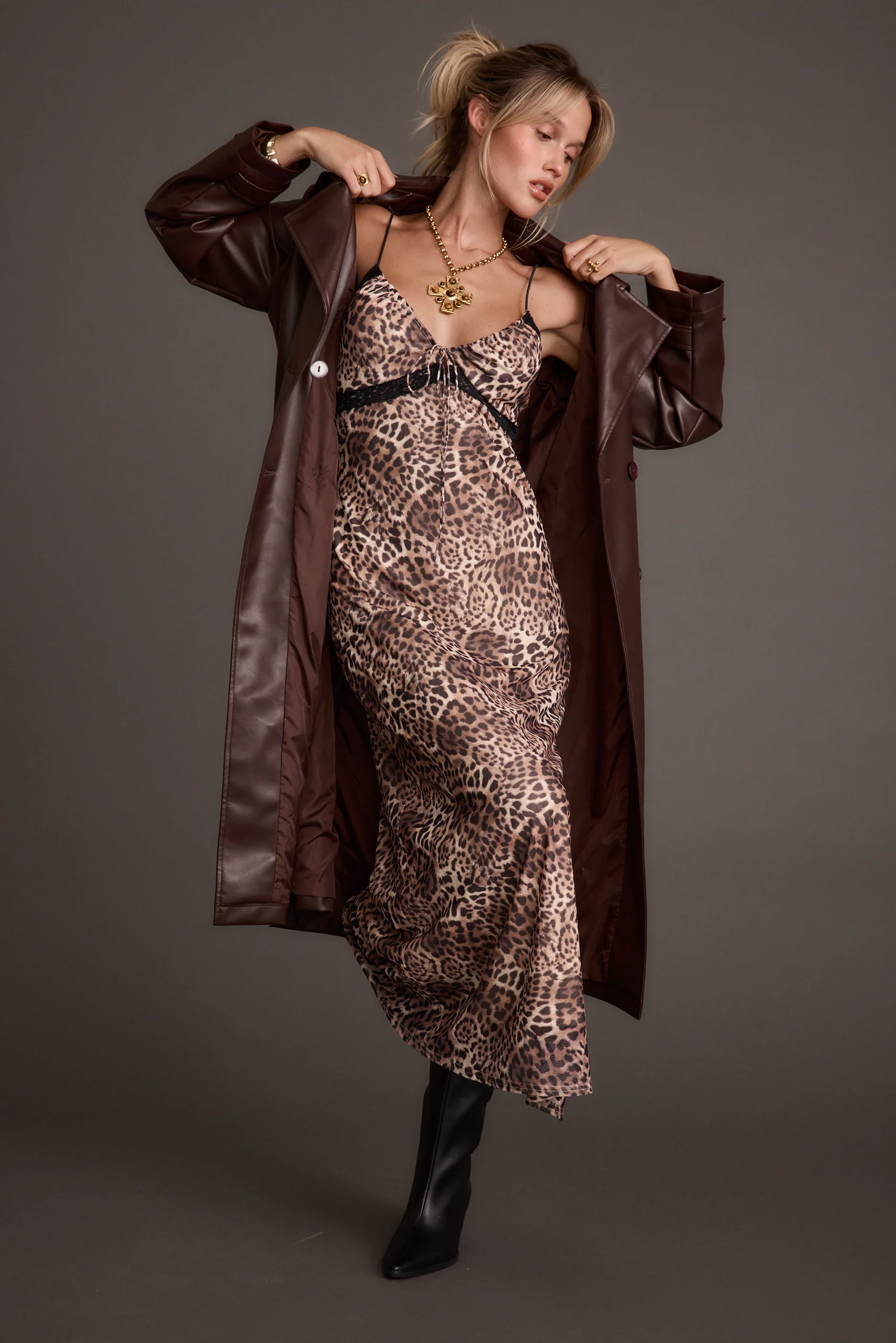 Brynne Faux Leather Mahogany Brown Trench - Image 6
