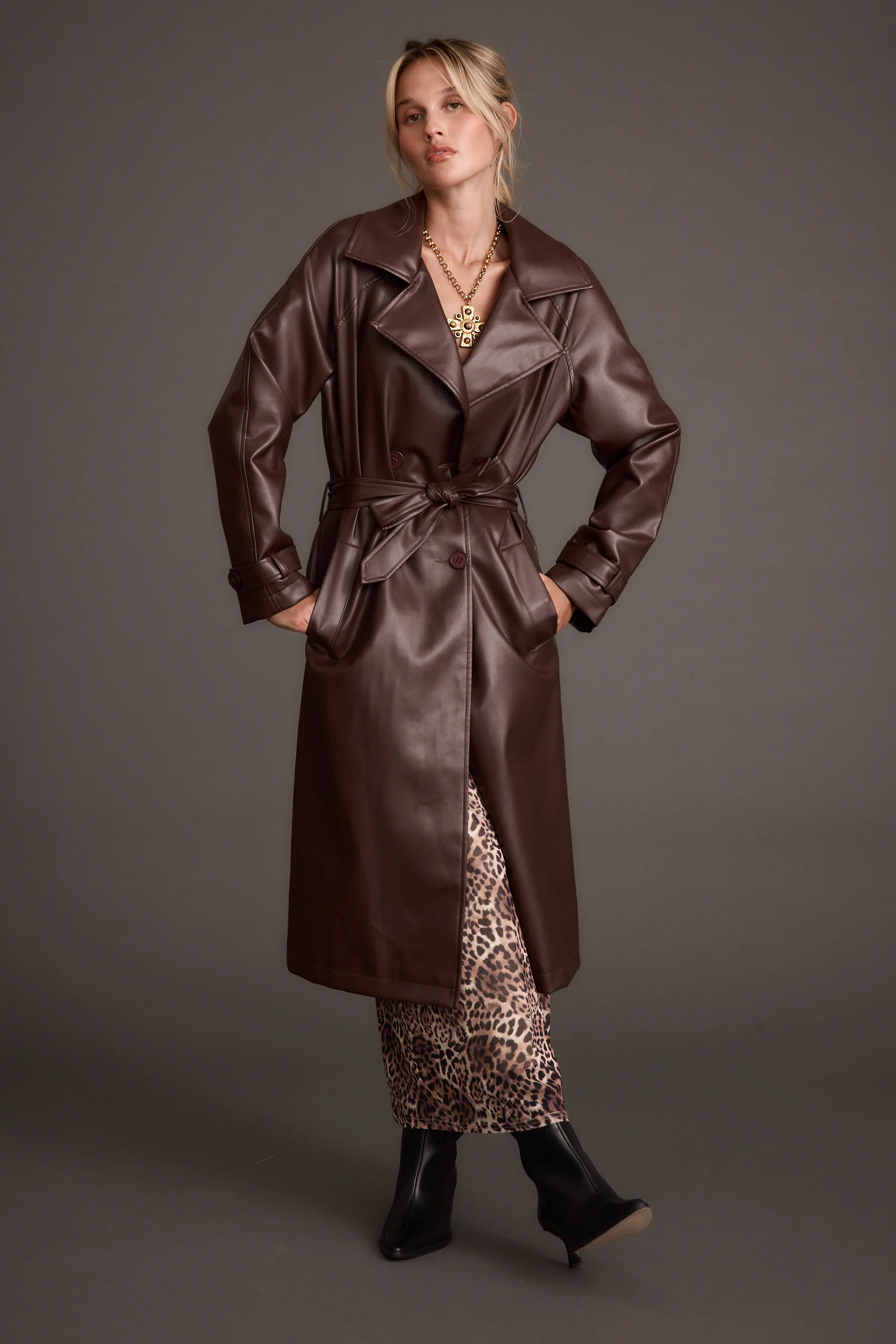 Brynne Faux Leather Mahogany Brown Trench - Image 7
