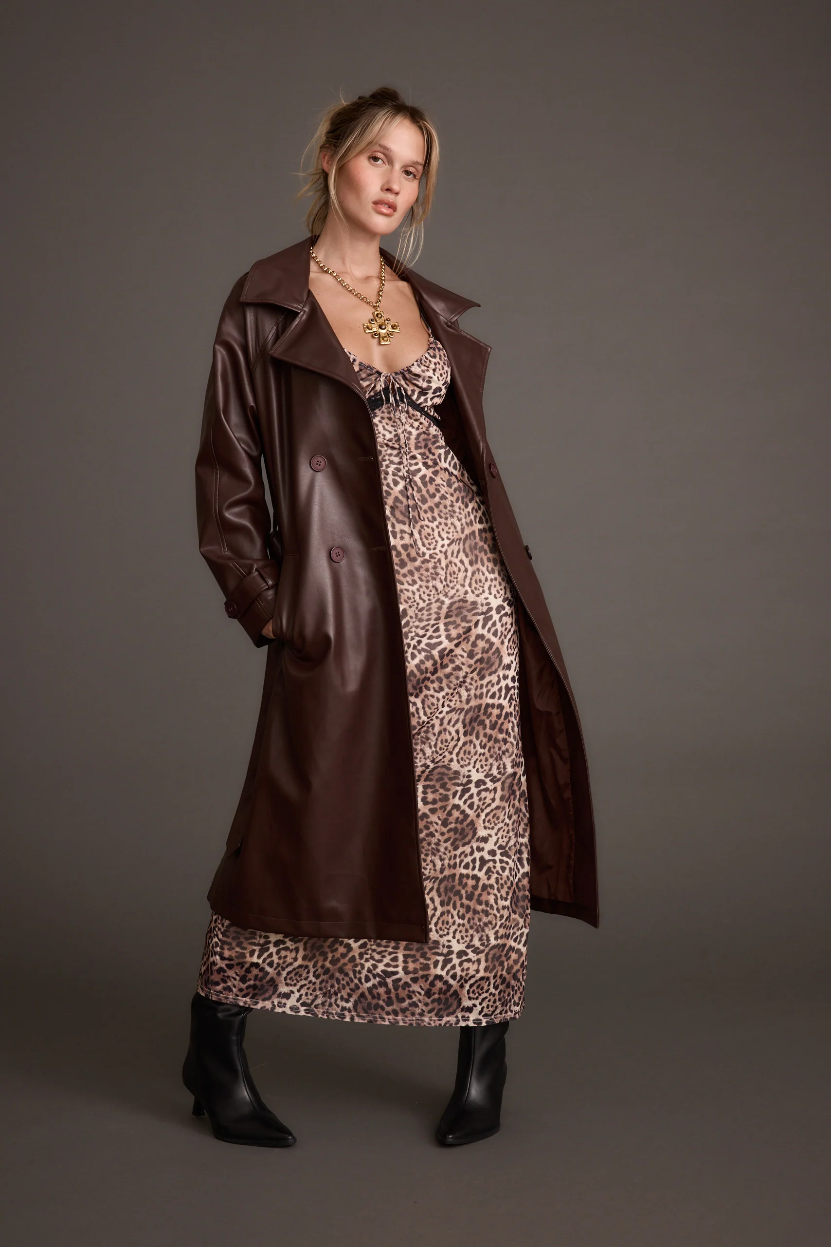 Brynne Faux Leather Mahogany Brown Trench - Image 8