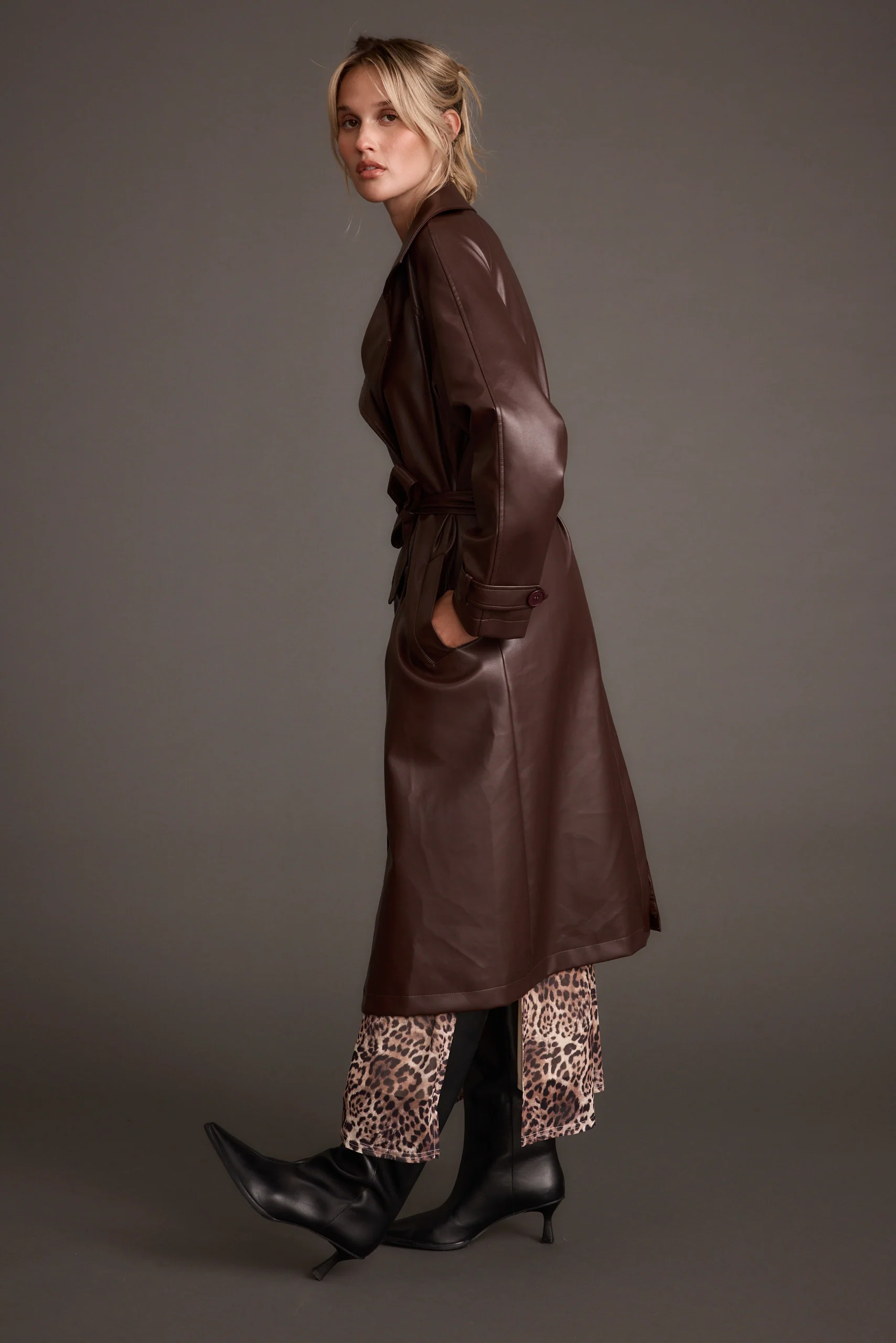 Brynne Faux Leather Mahogany Brown Trench - Image 9