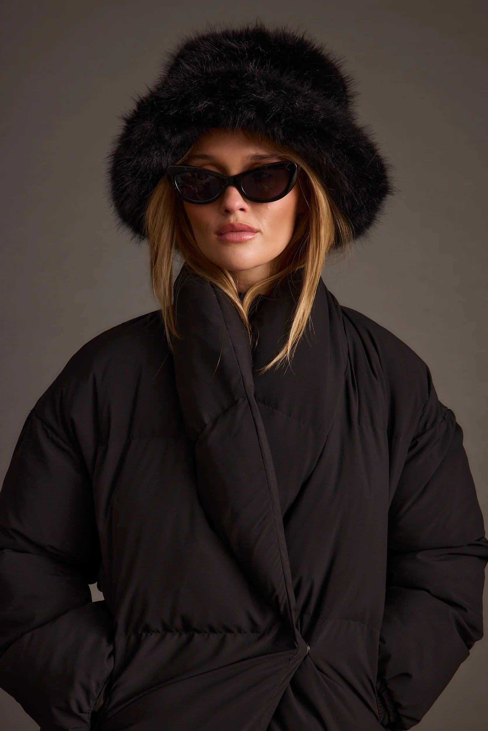 Bucket Down Black Faux Fur Hat - Image 7