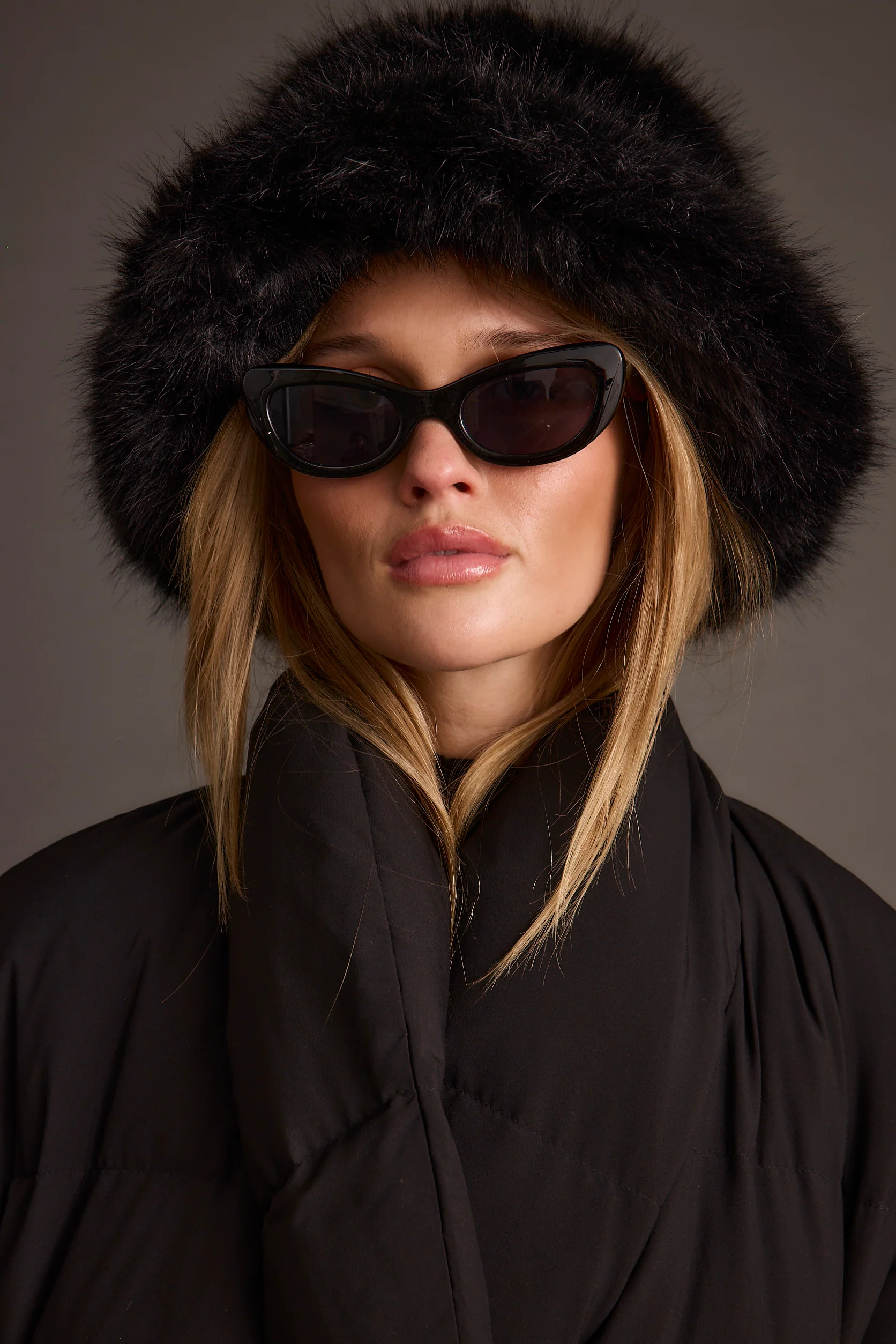 Bucket Down Black Faux Fur Hat - Image 8
