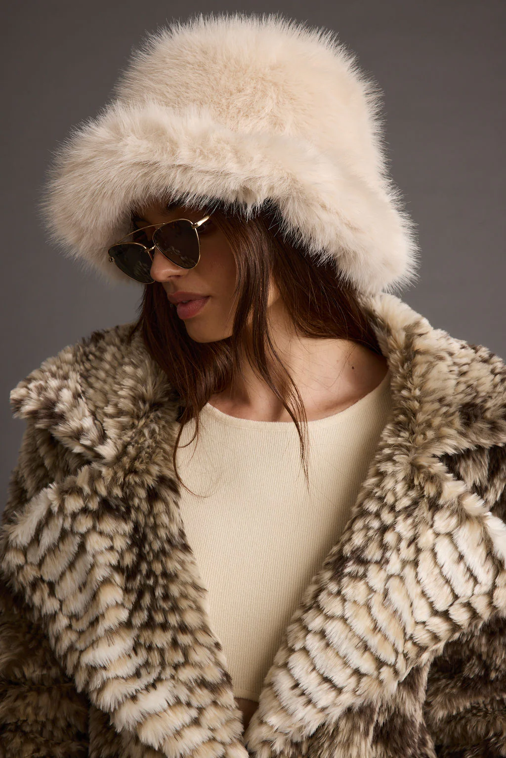 Bucket Down Cream Faux Fur Hat - Image 4