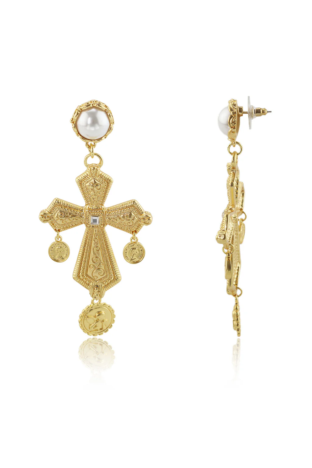 Devoted Gold Cross Pearl Earrings - Image 2