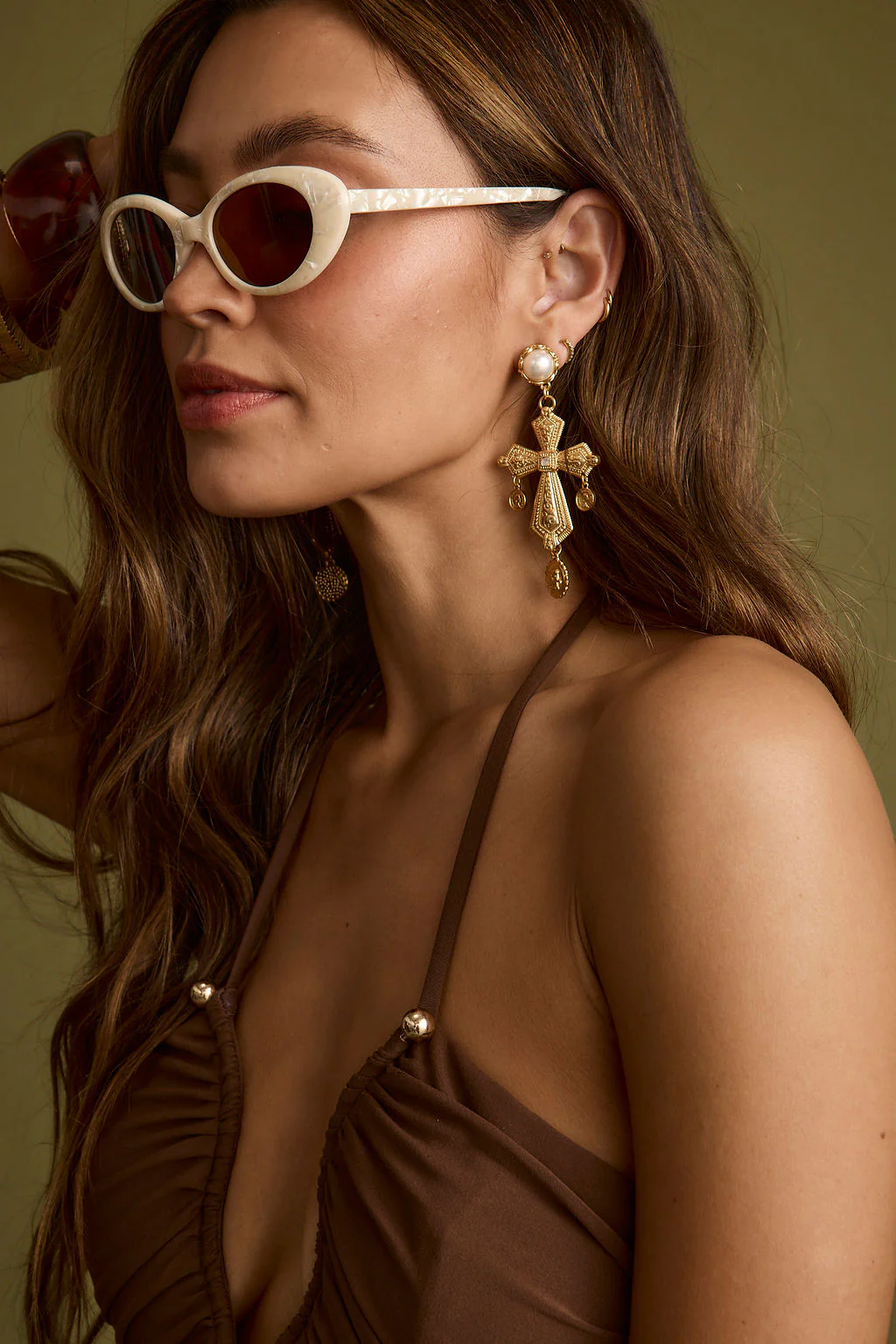Devoted Gold Cross Pearl Earrings - Image 5