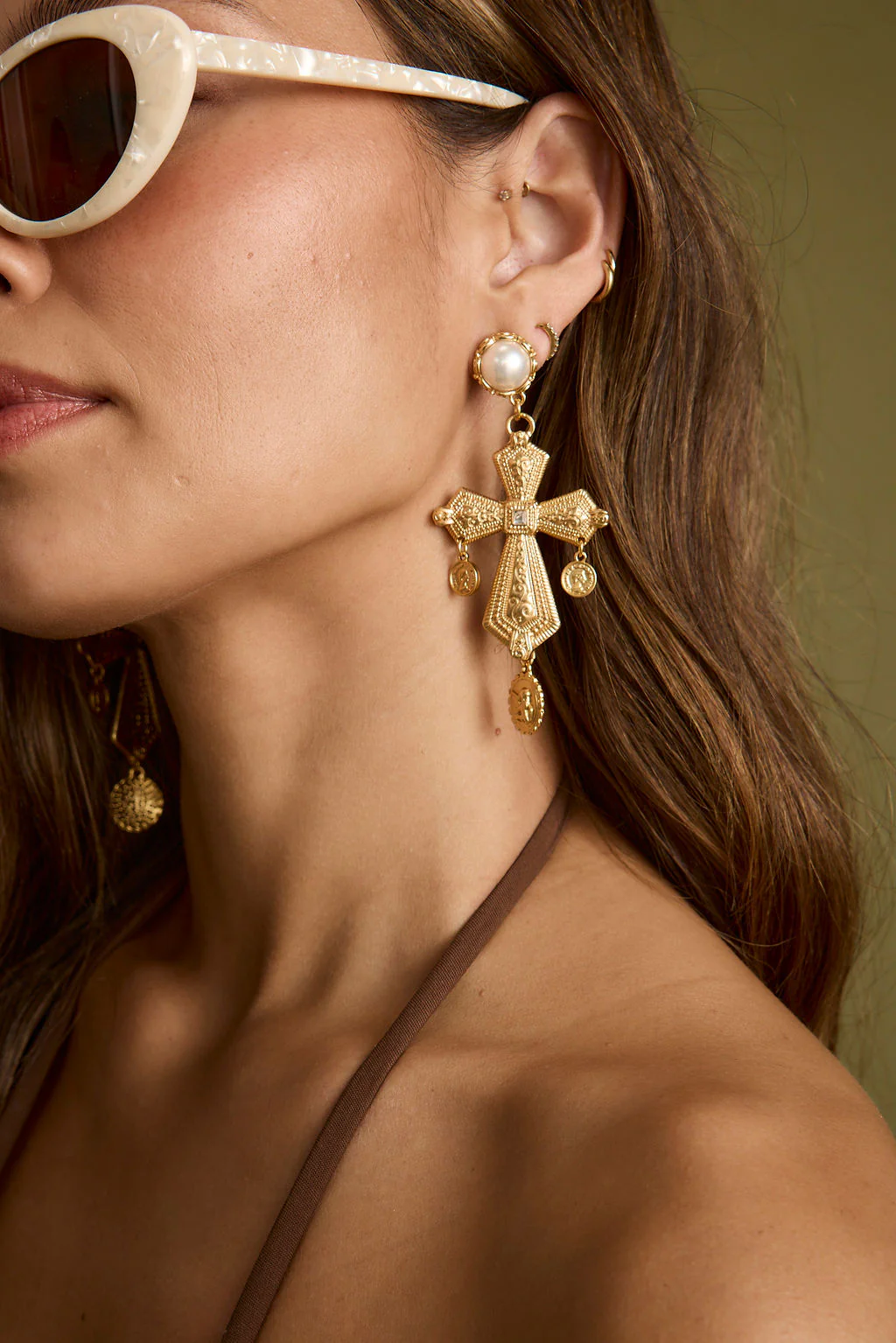Devoted Gold Cross Pearl Earrings - Image 6