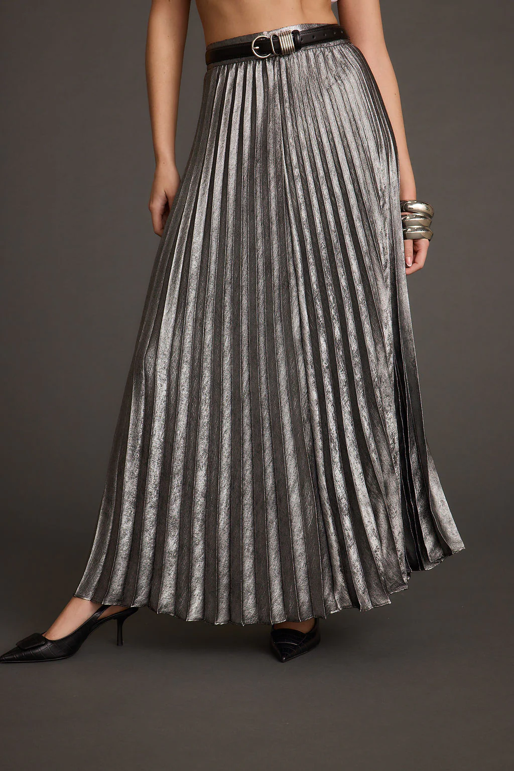 Electric Love Gunmetal Metallic Pleated Maxi Skirt - Image 3
