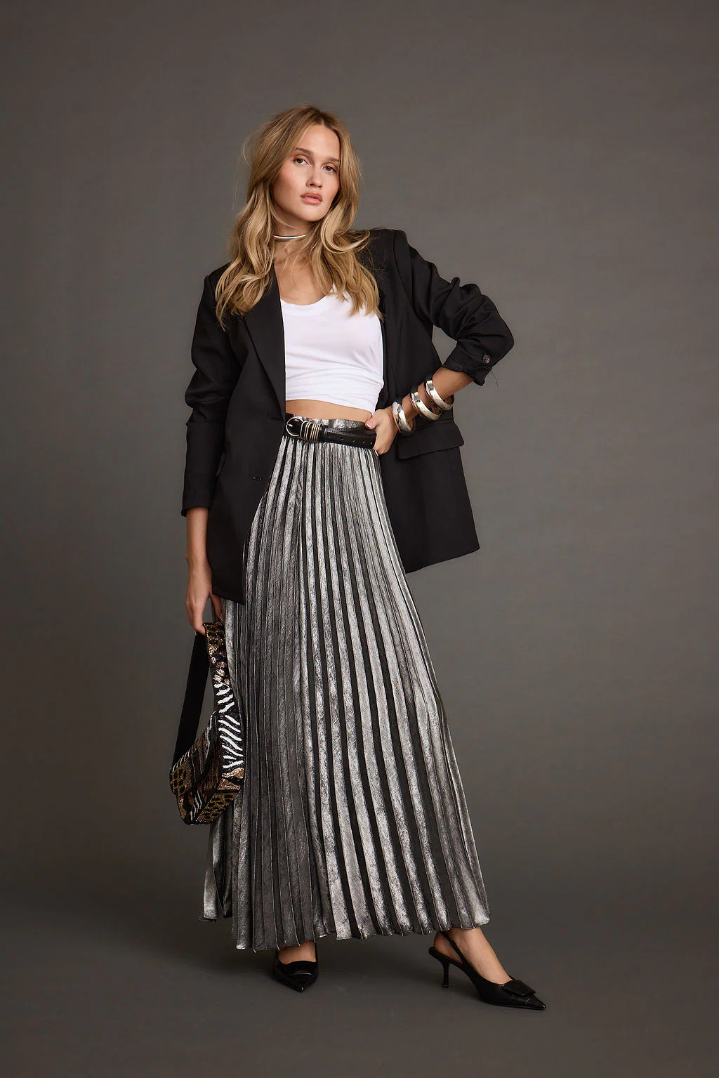 Electric Love Gunmetal Metallic Pleated Maxi Skirt - Image 4