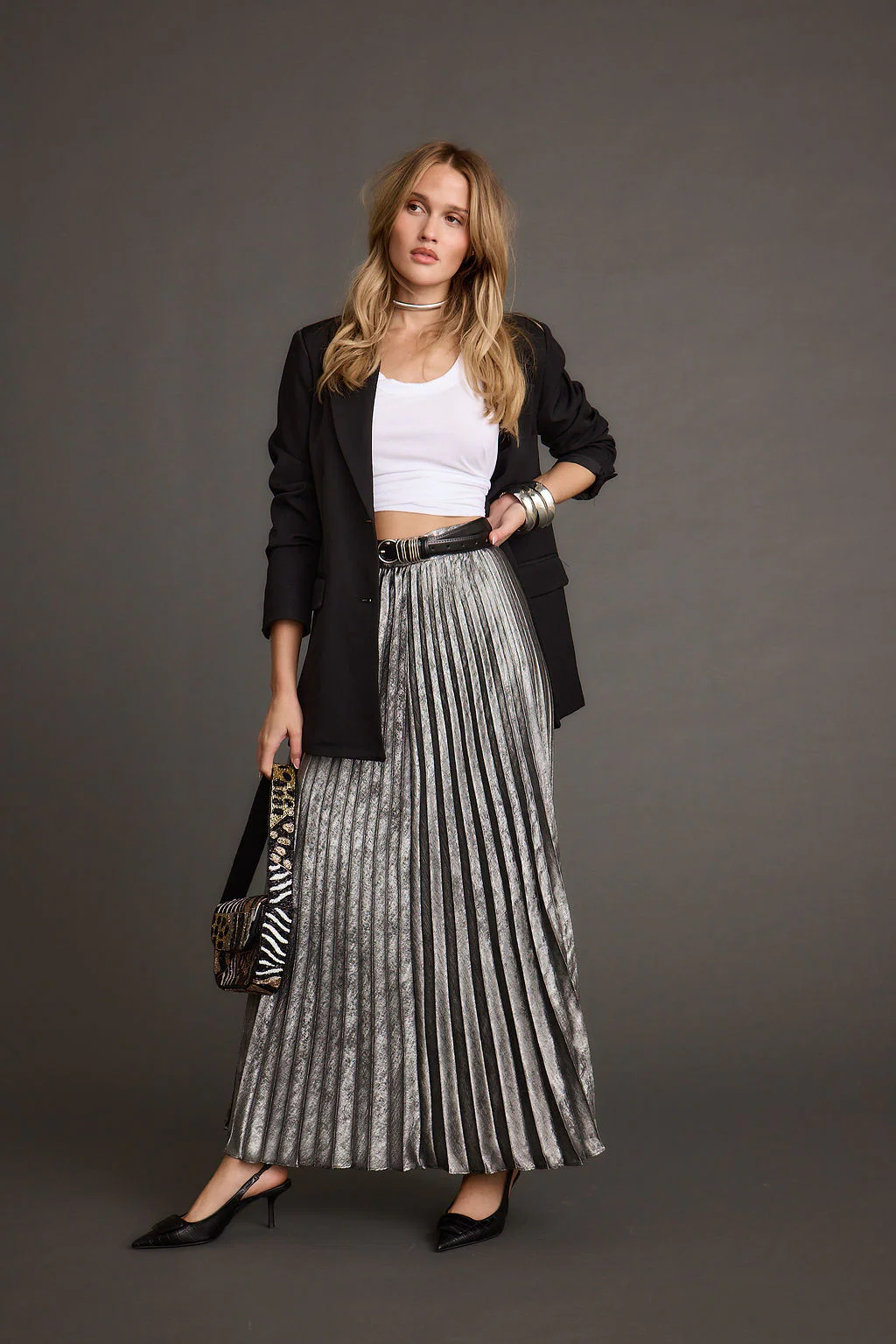 Electric Love Gunmetal Metallic Pleated Maxi Skirt - Image 5